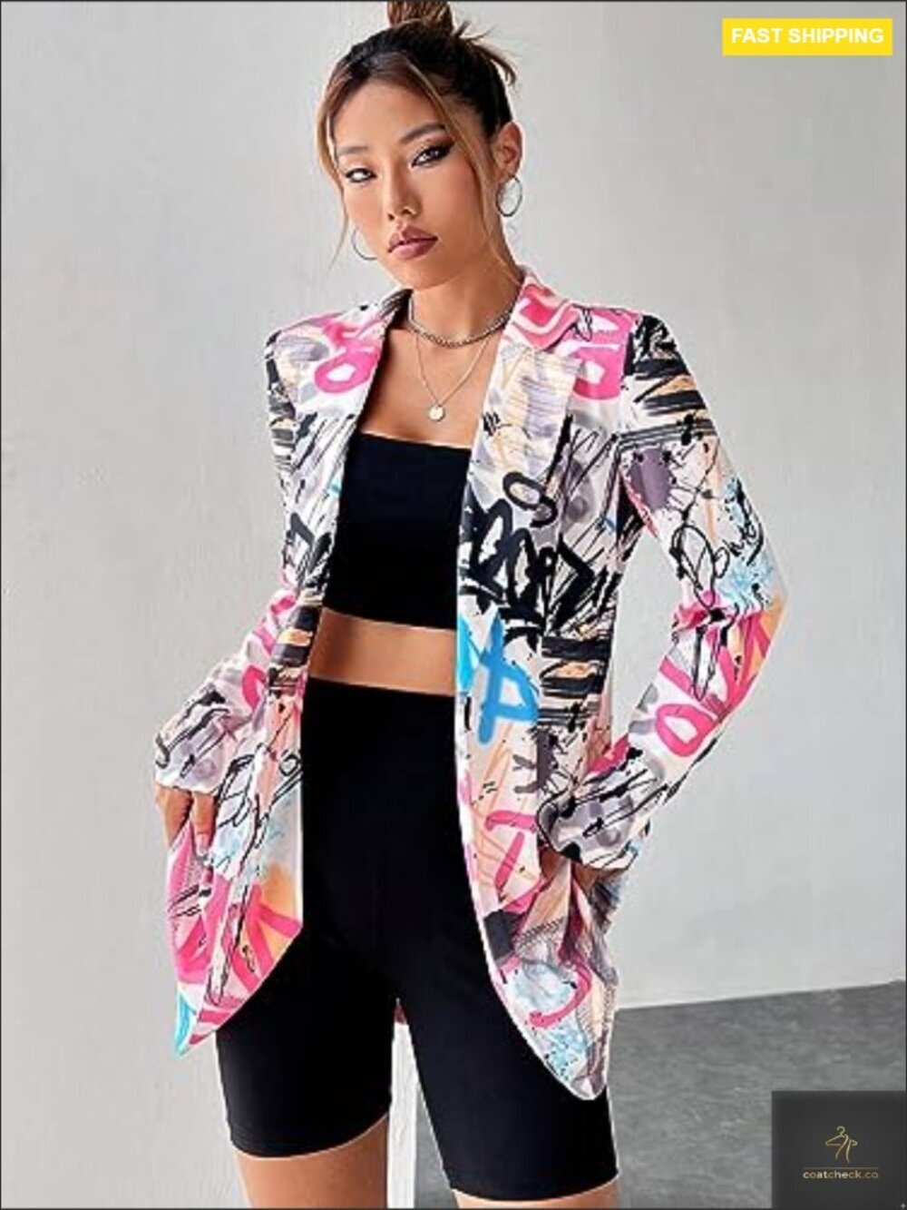 Plus Size Lapel Collar Open Front Graffiti Graphic Button Blazer Jacket - Picture 3 of 6